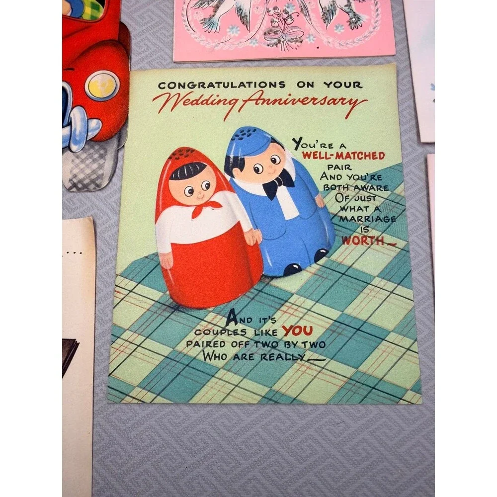 10 Vintage Kitsch Cute Anniversary Greeting Cards 1954 Mid-Century Ephemera